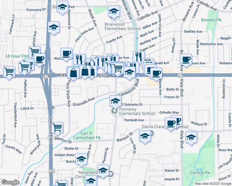 map of restaurants, bars, coffee shops, grocery stores, and more near 3318 Granada Avenue in Santa Clara
