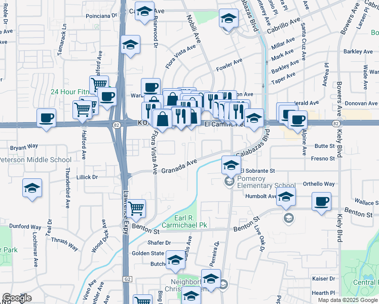 map of restaurants, bars, coffee shops, grocery stores, and more near 3421 Granada Avenue in Santa Clara