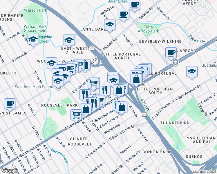 map of restaurants, bars, coffee shops, grocery stores, and more near 5 5 Wounds Lane in San Jose