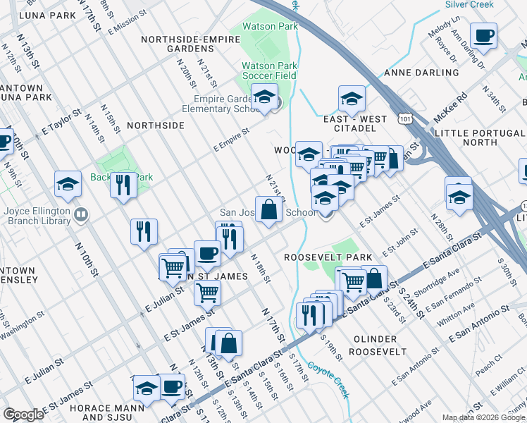 map of restaurants, bars, coffee shops, grocery stores, and more near 327 North 19th Street in San Jose