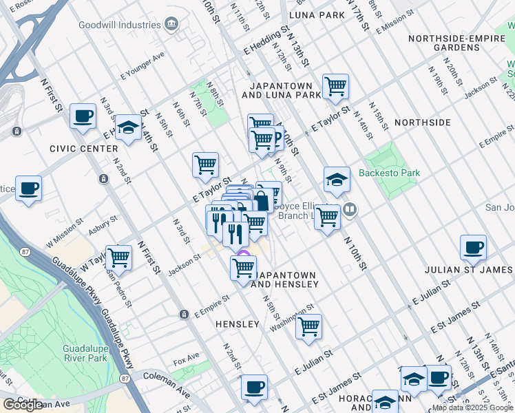 map of restaurants, bars, coffee shops, grocery stores, and more near 620 North 6th Street in San Jose