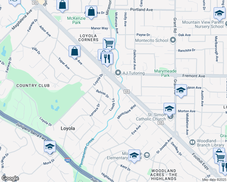 map of restaurants, bars, coffee shops, grocery stores, and more near Lundy Lane in Los Altos