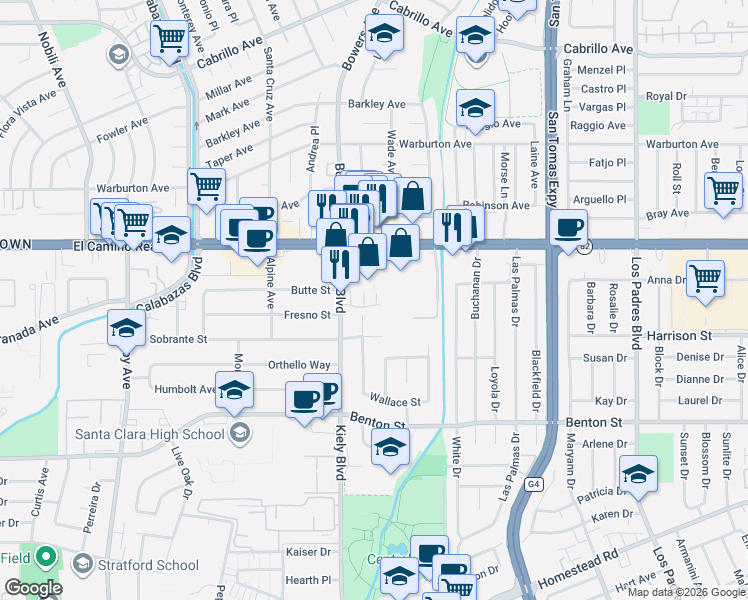 map of restaurants, bars, coffee shops, grocery stores, and more near 2723 El Sobrante Street in Santa Clara