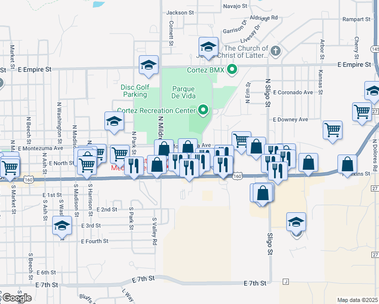 map of restaurants, bars, coffee shops, grocery stores, and more near 1206 East Main Street in Cortez