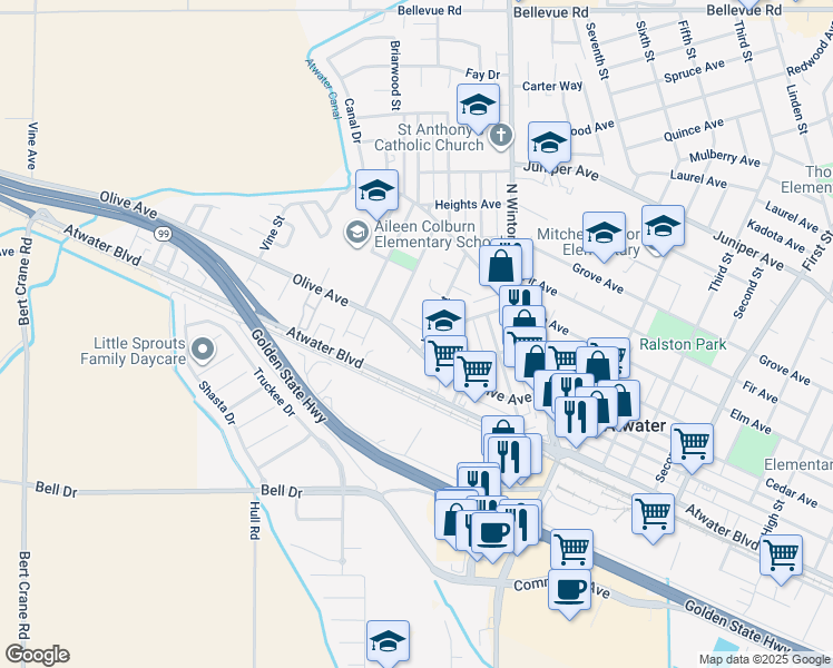 map of restaurants, bars, coffee shops, grocery stores, and more near 2032 Olive Avenue in Atwater