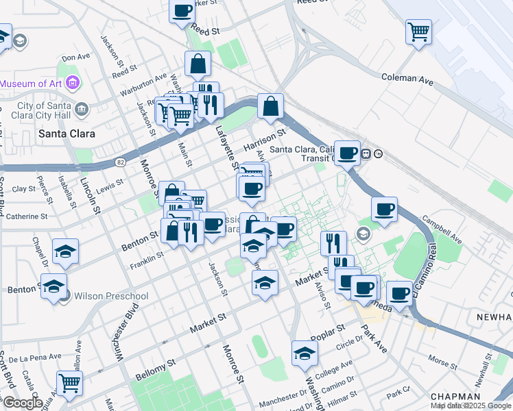 map of restaurants, bars, coffee shops, grocery stores, and more near 1000 Lafayette Street in Santa Clara