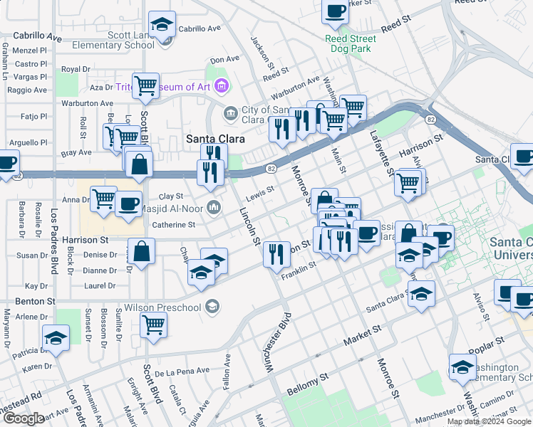 map of restaurants, bars, coffee shops, grocery stores, and more near 1245 Jefferson Street in Santa Clara