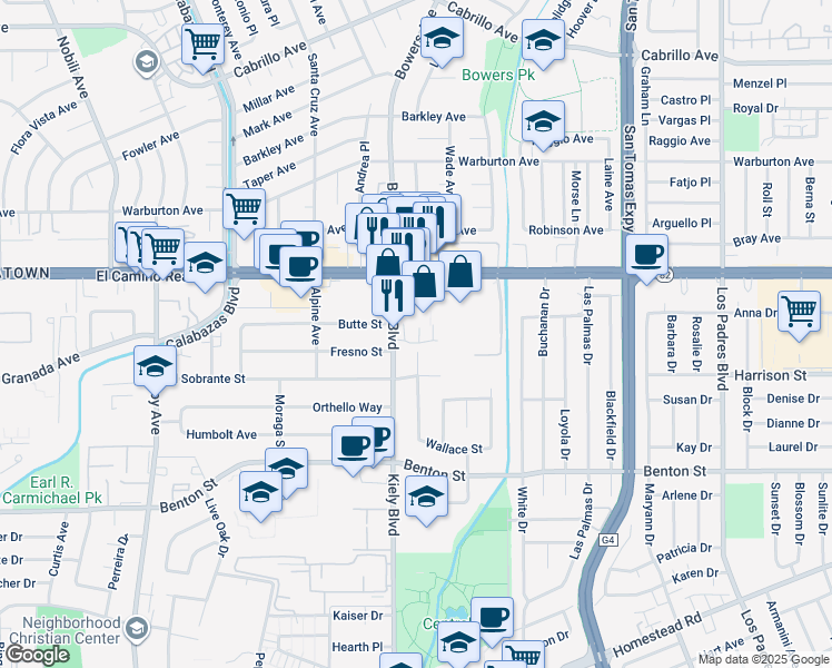map of restaurants, bars, coffee shops, grocery stores, and more near 1334 Crowley Avenue in Santa Clara