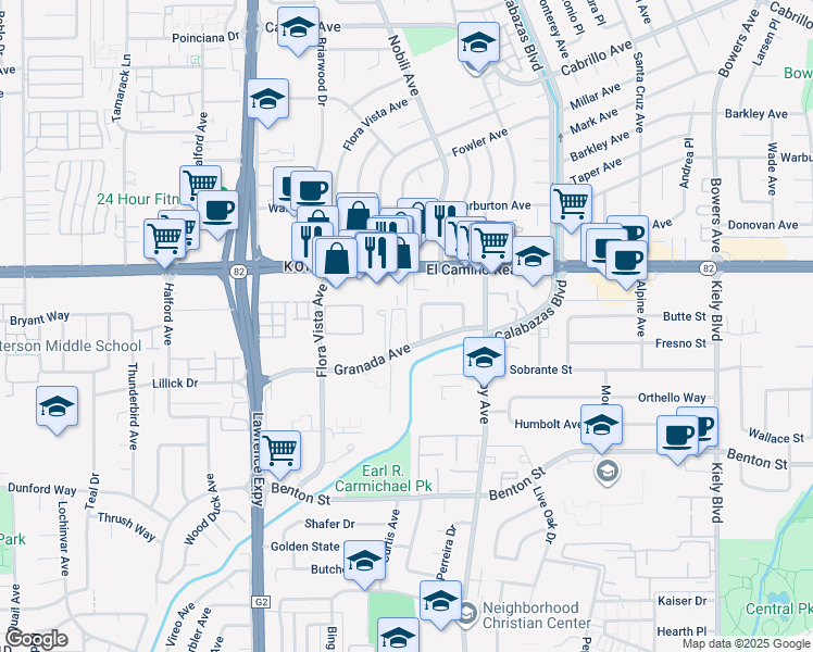 map of restaurants, bars, coffee shops, grocery stores, and more near 3421 Granada Avenue in Santa Clara