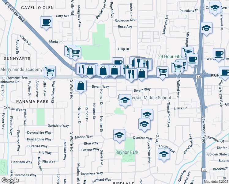 map of restaurants, bars, coffee shops, grocery stores, and more near 1347 Poplar Avenue in Sunnyvale