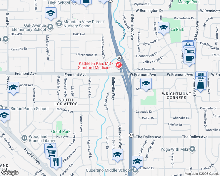 map of restaurants, bars, coffee shops, grocery stores, and more near 1307 Belleville Way in Sunnyvale