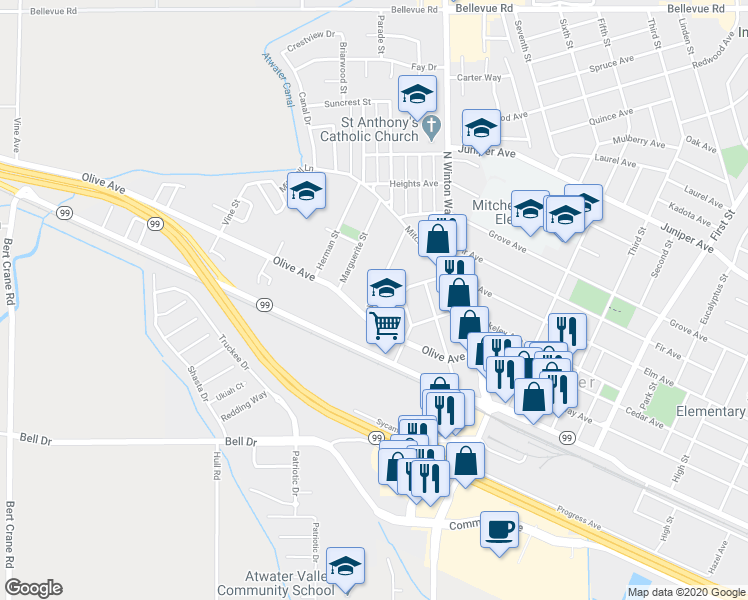 map of restaurants, bars, coffee shops, grocery stores, and more near 1178 Willow Street in Atwater