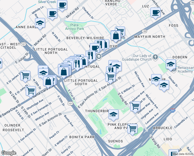map of restaurants, bars, coffee shops, grocery stores, and more near 1672 East San Fernando Street in San Jose