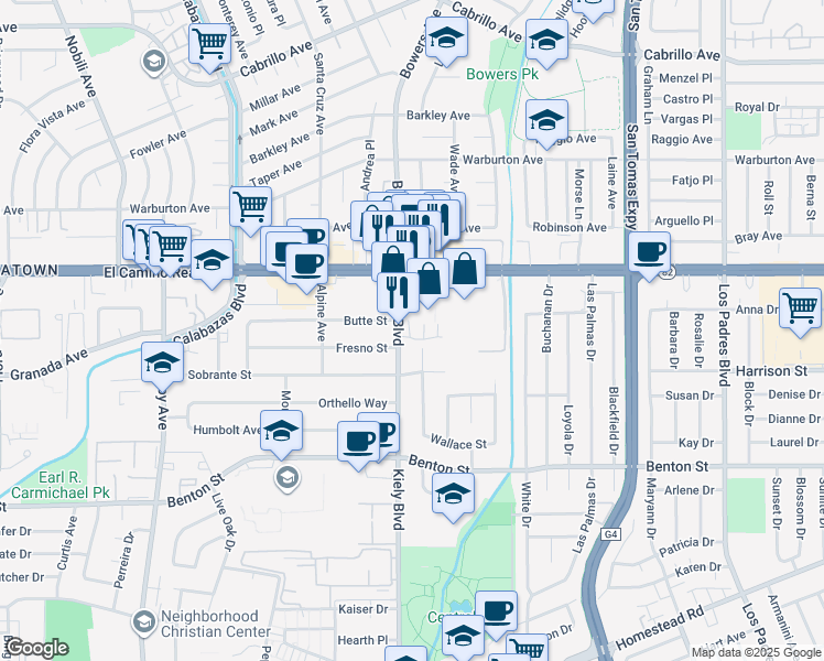 map of restaurants, bars, coffee shops, grocery stores, and more near 2785 Ball Place in Santa Clara