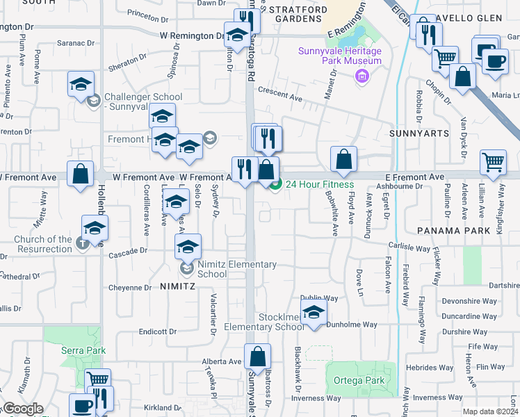 map of restaurants, bars, coffee shops, grocery stores, and more near 112 Avon Terrace in Sunnyvale