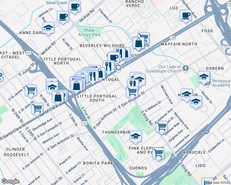 map of restaurants, bars, coffee shops, grocery stores, and more near 1672 East San Fernando Street in San Jose