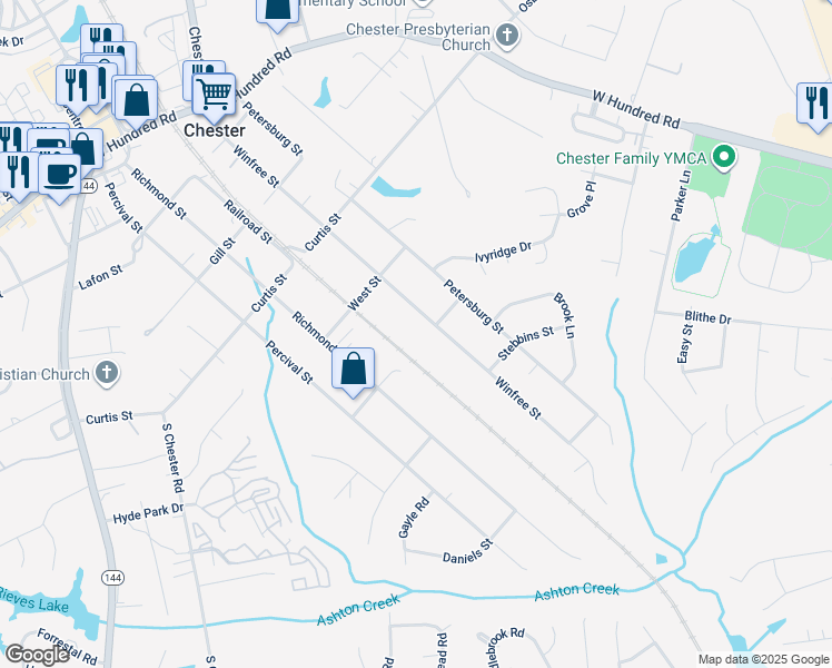 map of restaurants, bars, coffee shops, grocery stores, and more near 12448 Winfree Street in Chester