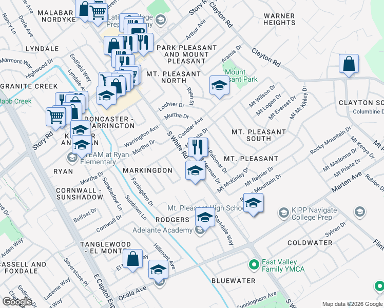 map of restaurants, bars, coffee shops, grocery stores, and more near 1442 South White Road in San Jose