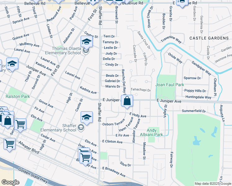 map of restaurants, bars, coffee shops, grocery stores, and more near 1943 Pollitt Court in Atwater
