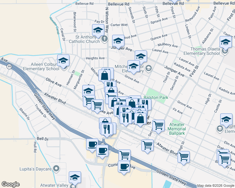 map of restaurants, bars, coffee shops, grocery stores, and more near 1619 Drakeley Avenue in Atwater