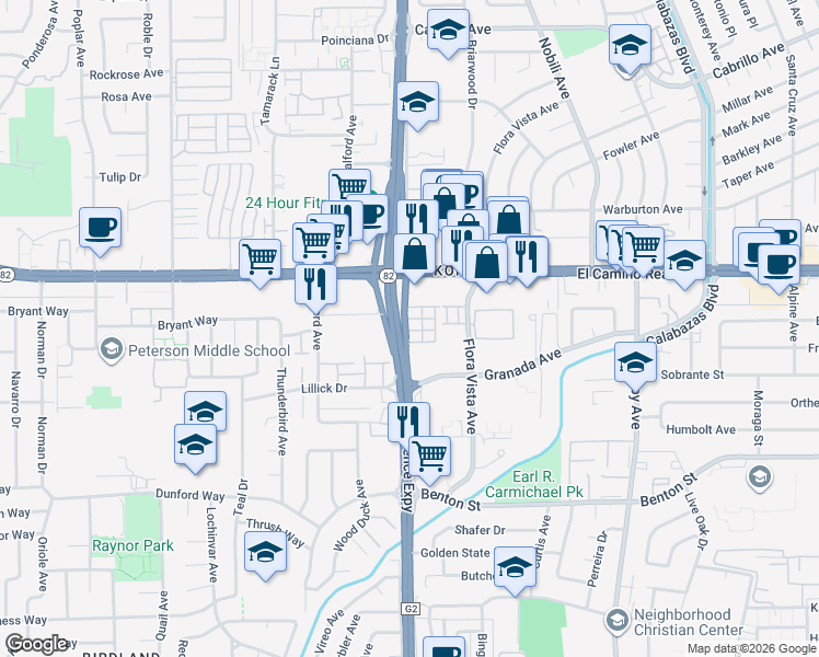 map of restaurants, bars, coffee shops, grocery stores, and more near 3595 Granada Avenue in Santa Clara