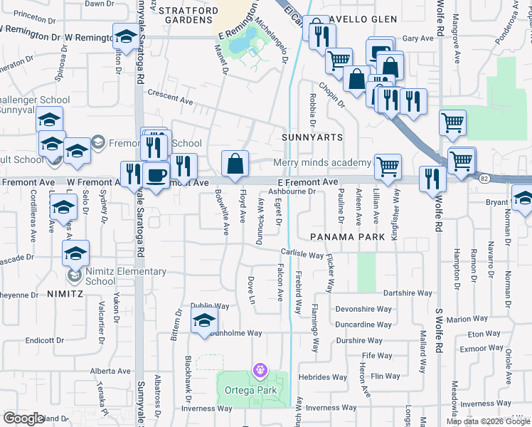 map of restaurants, bars, coffee shops, grocery stores, and more near 1350 Dunnock Way in Sunnyvale
