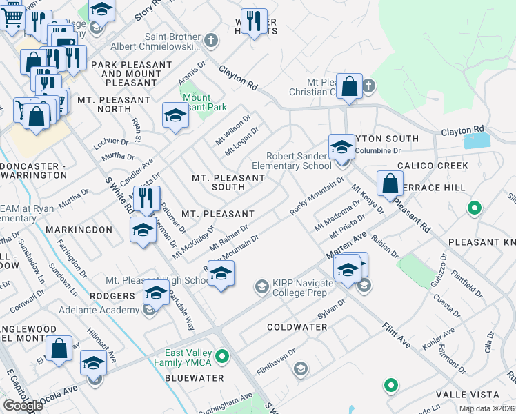 map of restaurants, bars, coffee shops, grocery stores, and more near 3278 Mount Rainier Drive in San Jose