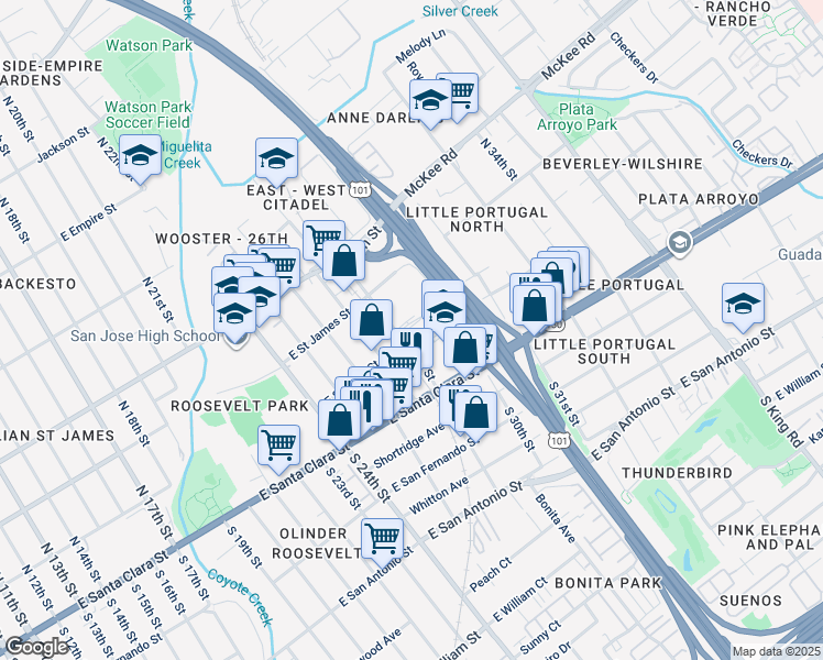 map of restaurants, bars, coffee shops, grocery stores, and more near 5 5 Wounds Lane in San Jose
