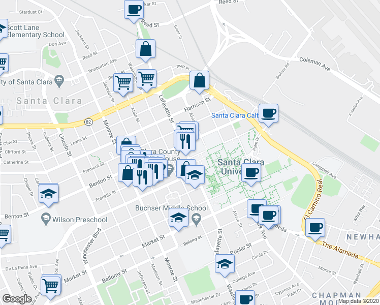 map of restaurants, bars, coffee shops, grocery stores, and more near 1000 Lafayette Street in Santa Clara