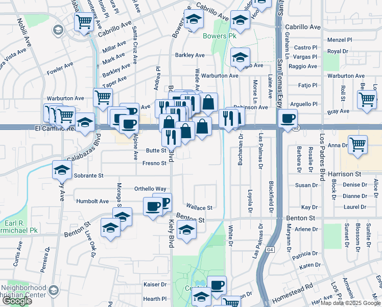 map of restaurants, bars, coffee shops, grocery stores, and more near 2723 El Sobrante Street in Santa Clara