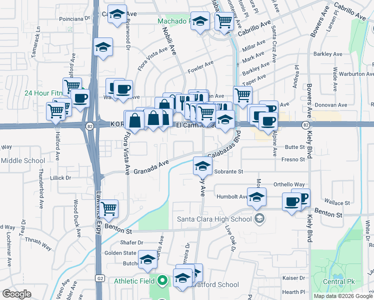 map of restaurants, bars, coffee shops, grocery stores, and more near 3318 Granada Avenue in Santa Clara
