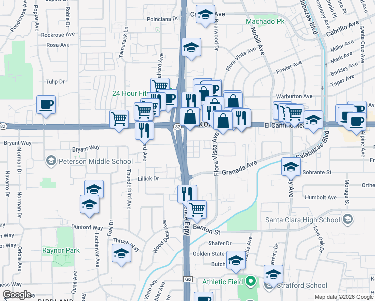map of restaurants, bars, coffee shops, grocery stores, and more near 3595 Granada Avenue in Santa Clara