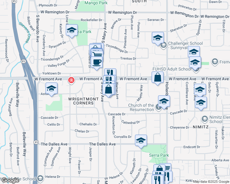 map of restaurants, bars, coffee shops, grocery stores, and more near 1375 Warner Avenue in Sunnyvale