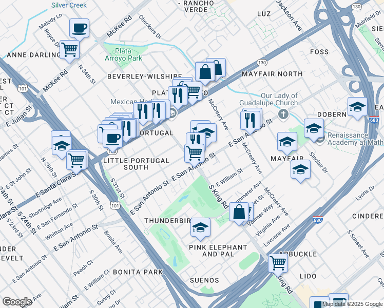 map of restaurants, bars, coffee shops, grocery stores, and more near 198 South King Road in San Jose