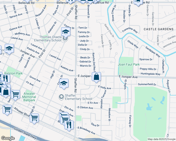 map of restaurants, bars, coffee shops, grocery stores, and more near 1943 Pollitt Court in Atwater