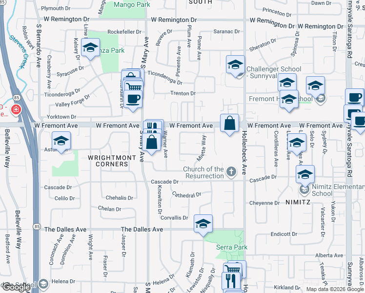 map of restaurants, bars, coffee shops, grocery stores, and more near 814 Beaverton Court in Sunnyvale