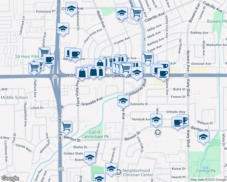 map of restaurants, bars, coffee shops, grocery stores, and more near 3318 Granada Avenue in Santa Clara
