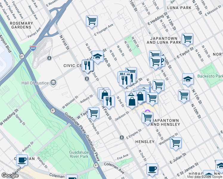 map of restaurants, bars, coffee shops, grocery stores, and more near 65 East Taylor Street in San Jose