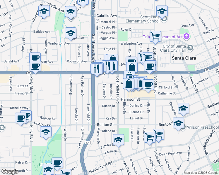map of restaurants, bars, coffee shops, grocery stores, and more near 1375 Barbara Drive in Santa Clara