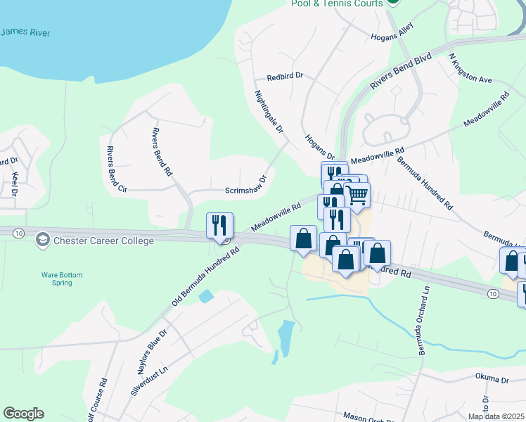 map of restaurants, bars, coffee shops, grocery stores, and more near 16 Meadowville Road in Chester