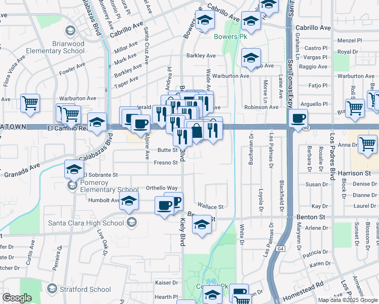 map of restaurants, bars, coffee shops, grocery stores, and more near 2785 Ball Place in Santa Clara