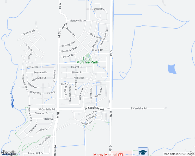 map of restaurants, bars, coffee shops, grocery stores, and more near 4408 Kerr Court in Merced