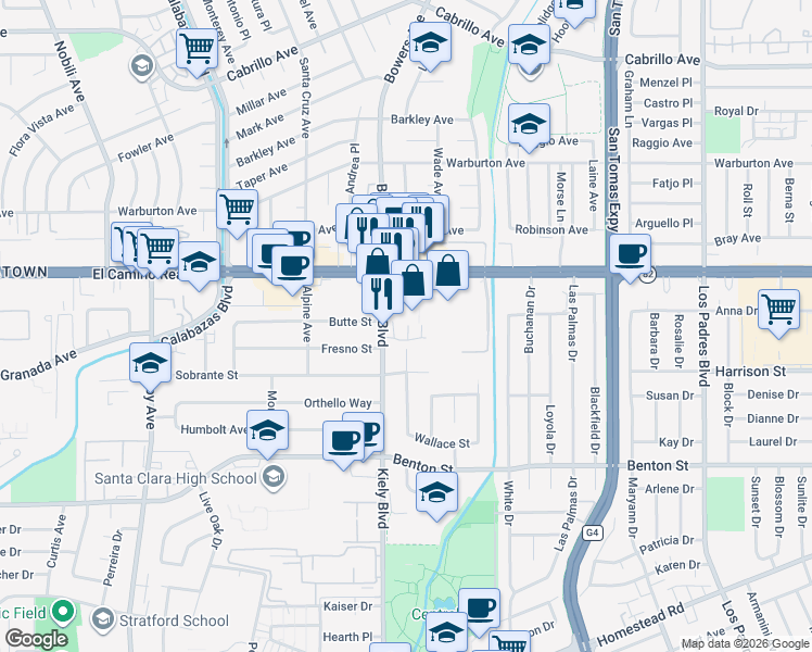 map of restaurants, bars, coffee shops, grocery stores, and more near 2775 Ball Place in Santa Clara