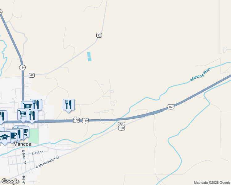 map of restaurants, bars, coffee shops, grocery stores, and more near 9895 Road 43 in Mancos