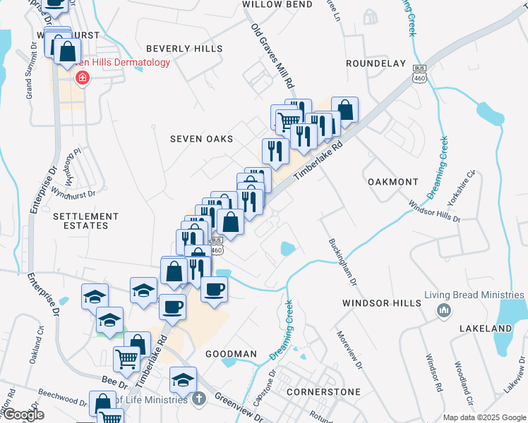 map of restaurants, bars, coffee shops, grocery stores, and more near 7910 Timberlake Road in Lynchburg