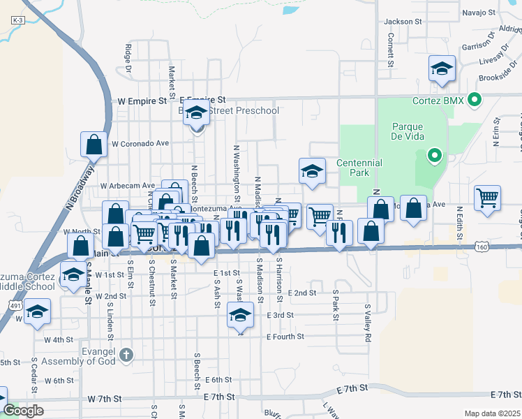 map of restaurants, bars, coffee shops, grocery stores, and more near 360 East North Street in Cortez