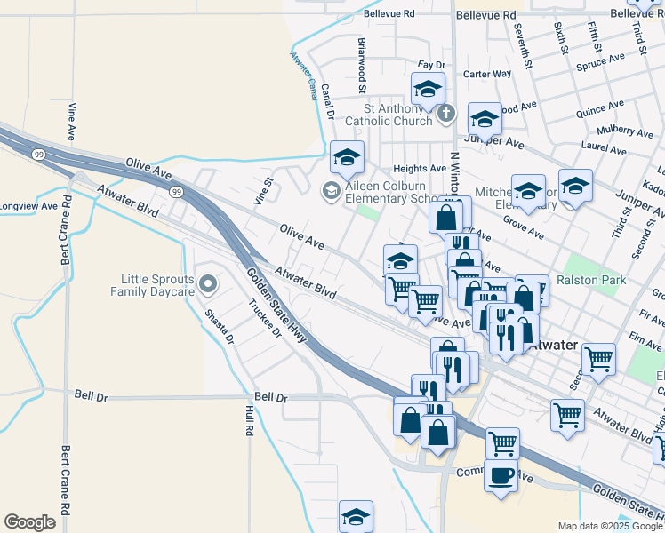 map of restaurants, bars, coffee shops, grocery stores, and more near 2145 Atwater Boulevard in Atwater