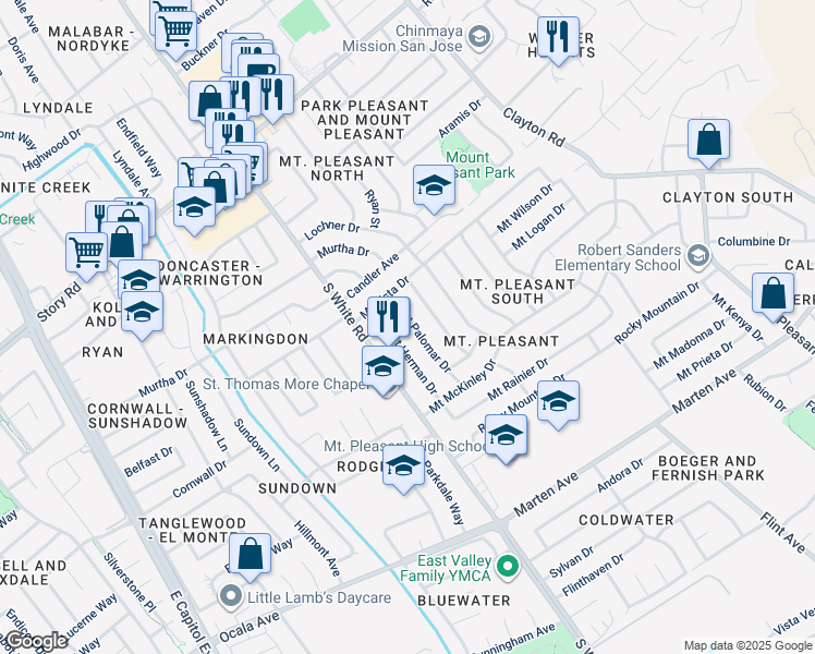 map of restaurants, bars, coffee shops, grocery stores, and more near 1502 Mount Herman Drive in San Jose