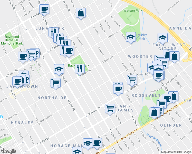 map of restaurants, bars, coffee shops, grocery stores, and more near 416 North 15th Street in San Jose