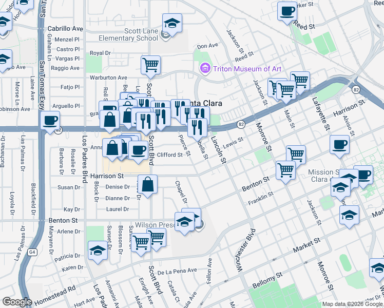 map of restaurants, bars, coffee shops, grocery stores, and more near 1378 Pierce Street in Santa Clara